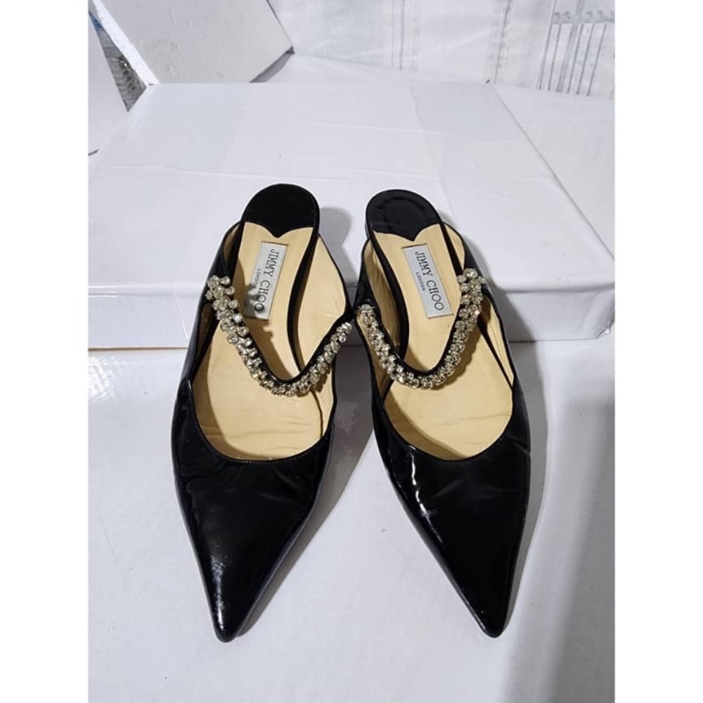 Authentic Jimmy Choo Patent Leather Flat Mules With Crystal Strap Black Size 39